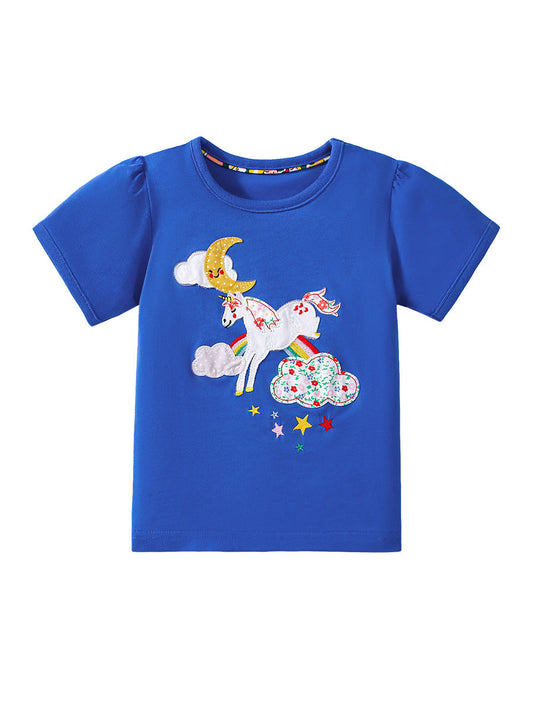 Camiseta de manga corta con estampado de dibujos animados de unicornio para niños en estilo europeo y americano.