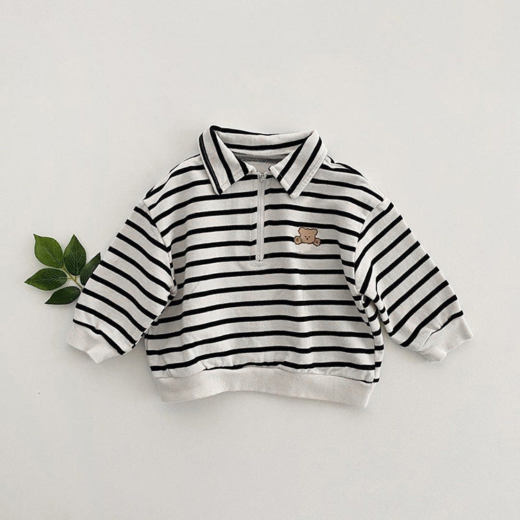 Baby Cute Bear Embroidered & Striped Pattern Polo Neck Cotton Hoodies