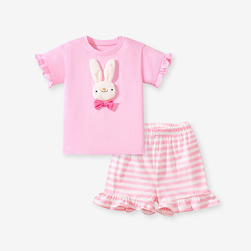 Summer Baby Kids Cartoon Rabbit Pattern T-shirt and Striped Bloomers