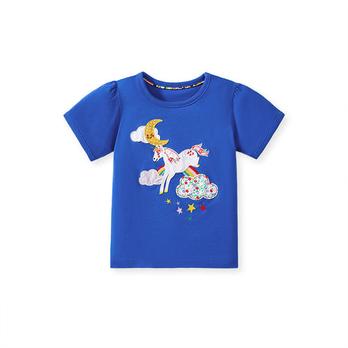 Camiseta de manga corta con estampado de dibujos animados de unicornio para niños en estilo europeo y americano.