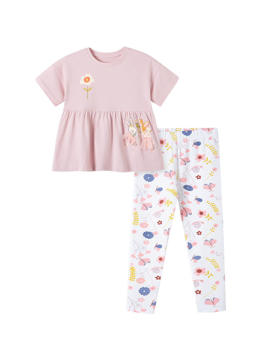 Conjunto de 2 piezas de camiseta y pantalón con estampado floral y dibujos animados para bebés y niños 