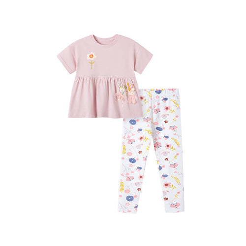 Conjunto de 2 piezas de camiseta y pantalón con estampado floral y dibujos animados para bebés y niños 